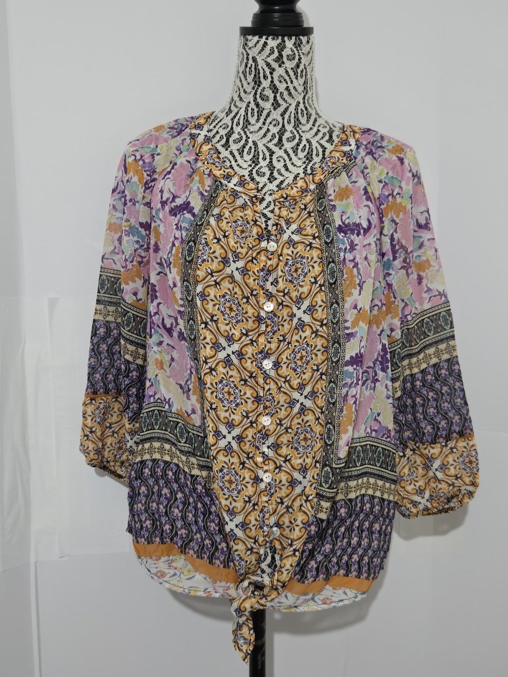 Mixed-Print Button-Front Tie-Hem Blouse in Lavender and Mustard